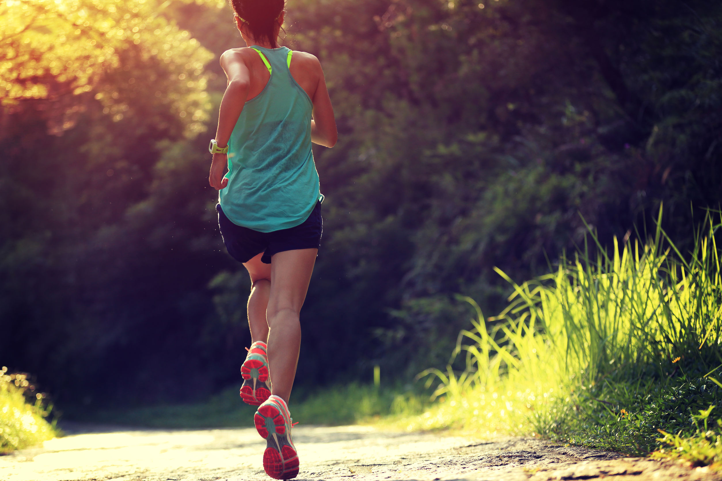 Runner athlete running on forest trail. woman fitness jogging workout wellness concept.